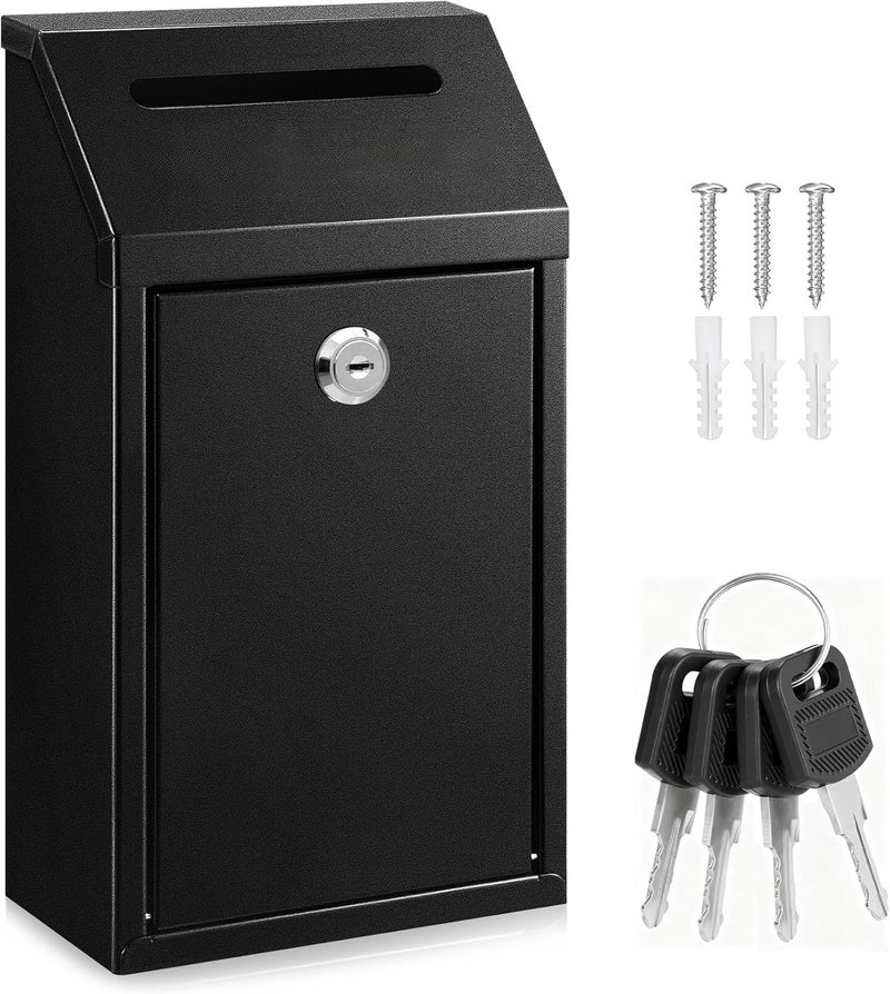Hualleko Cash Money Box with Slot – 10.2In Metal Donation Box with Lock for Cash Deposit,Wall Mounted Money Drop with Lock and Slot for Home/Farm/Office/Outdoors (Black-Without Words) - Image 1